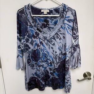 Coldwater Creek Purple and Blue Flirty V-Neckline Floral Print Top